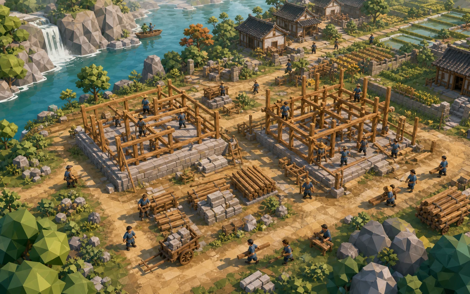 Low-poly builders raising timber courtyard houses beside a river / 河畔营造木构院落的低多边形概念场景