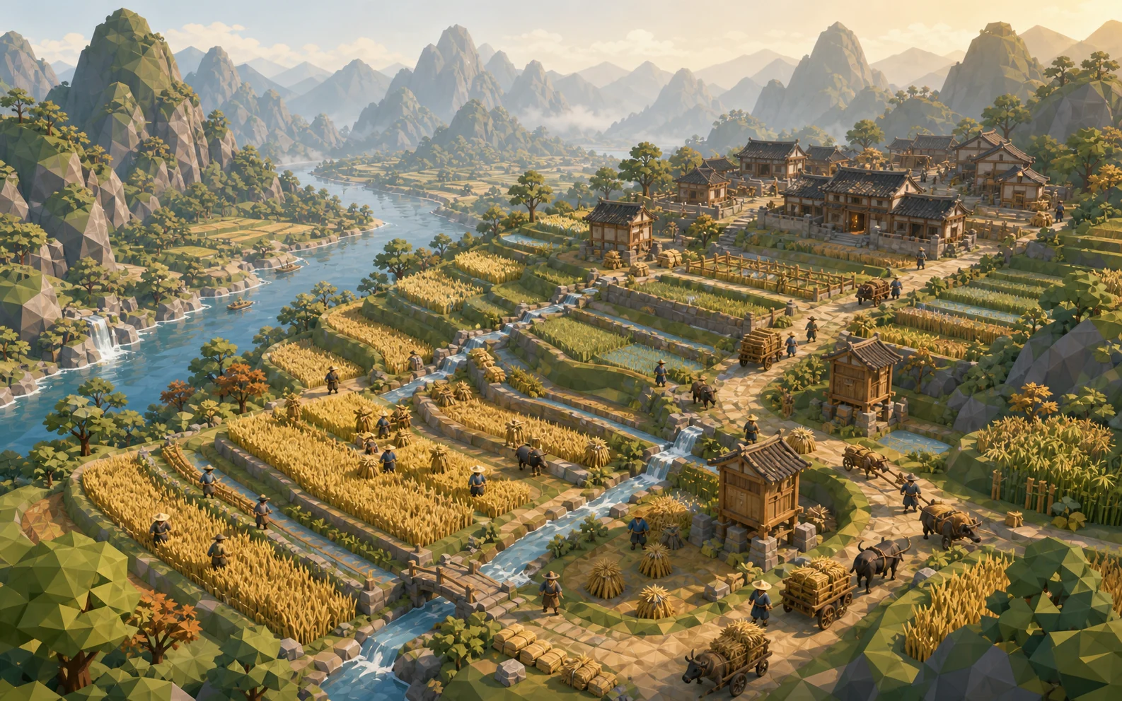 Low-poly mountain terraces, harvest workers, and an expanding village / 山地梯田、收获人群与扩建聚落的低多边形概念场景