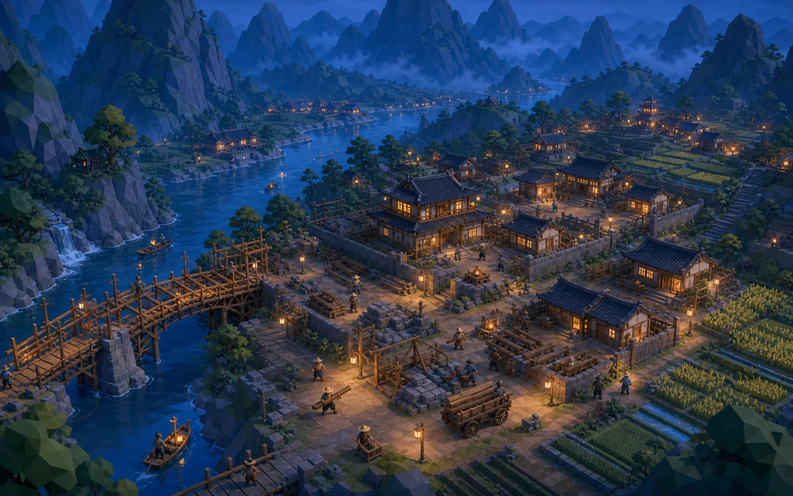 A lantern-lit low-poly riverside settlement expanding at dusk / 暮色灯火中持续扩建的低多边形河畔聚落概念场景