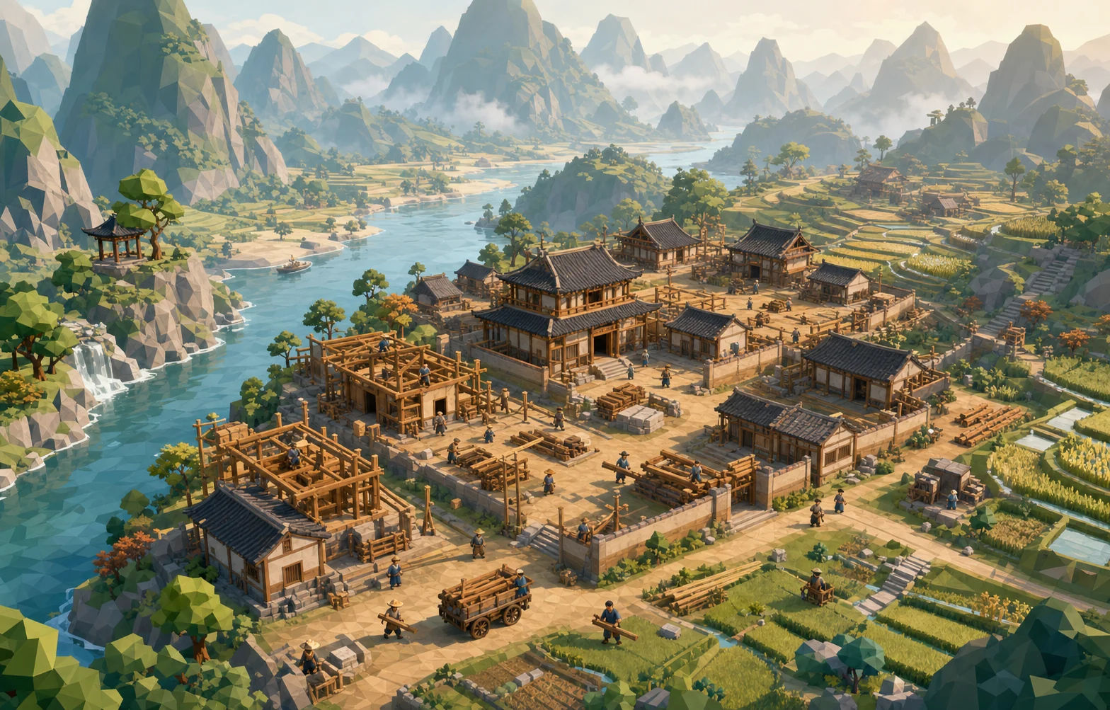 A low-poly Chinese-inspired settlement being built between mountains and a river / 山河之间正在营造的低多边形中国风聚落