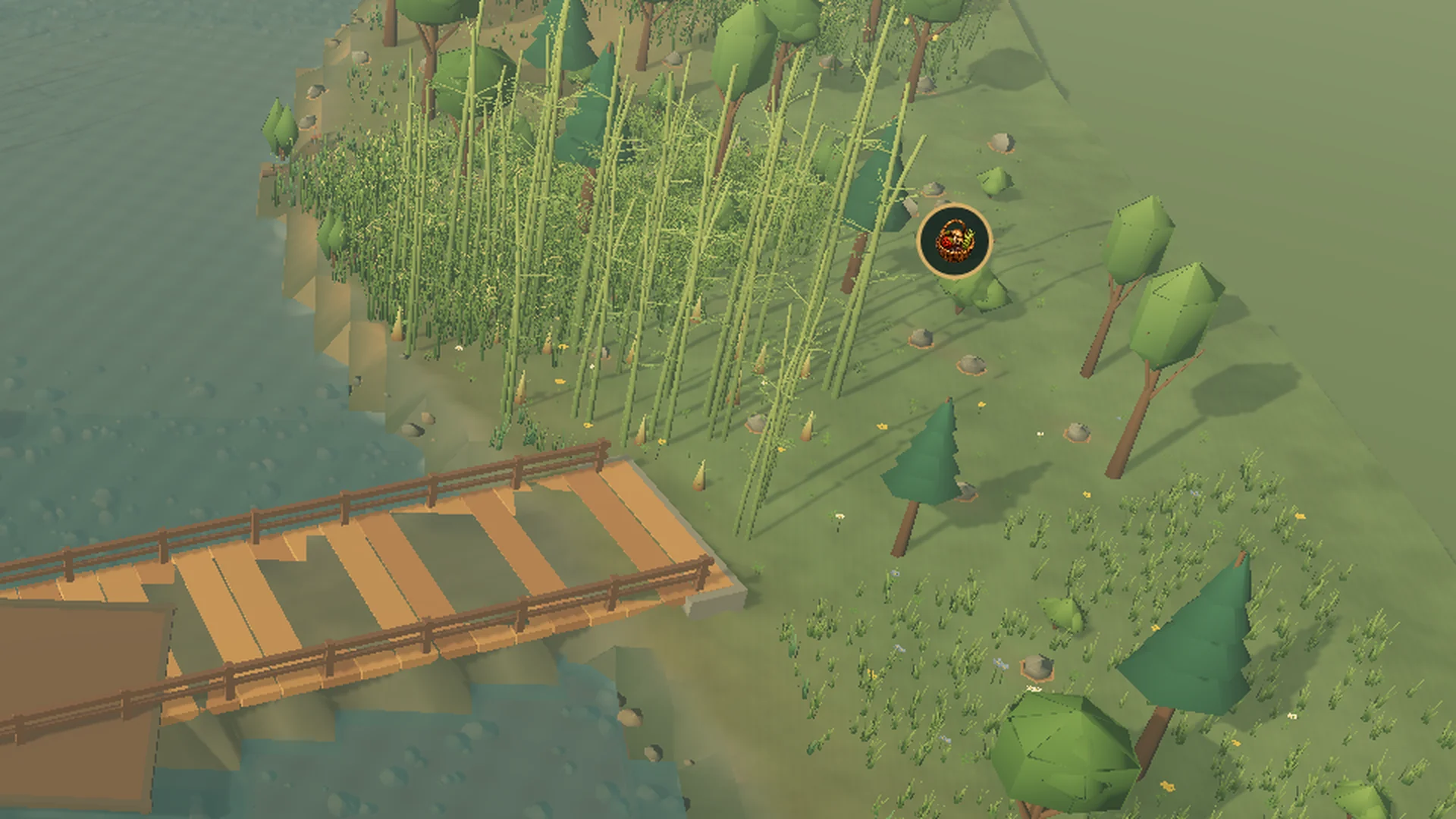 A real in-game timber bridge crossing a great river beside a bamboo grove / 木桥跨越大江并连接竹林岸线的实机画面
