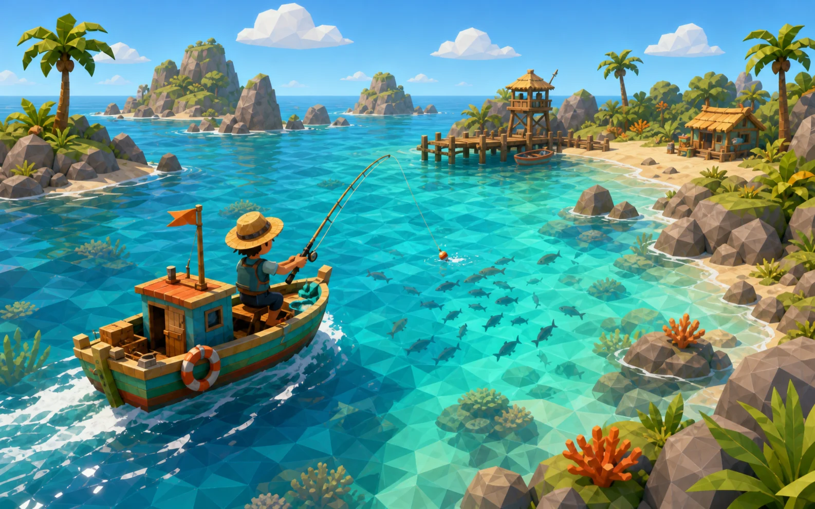A cartoon low-poly fisher casting near a school of fish in turquoise shallows / 卡通低多边形渔夫在碧蓝浅海鱼群旁抛竿的概念场景