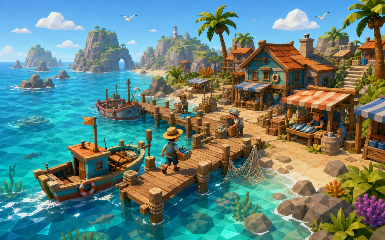 A colorful low-poly island fishing harbor with boats and a fish market / 船只与鱼市相连的彩色低多边形海岛渔港概念场景