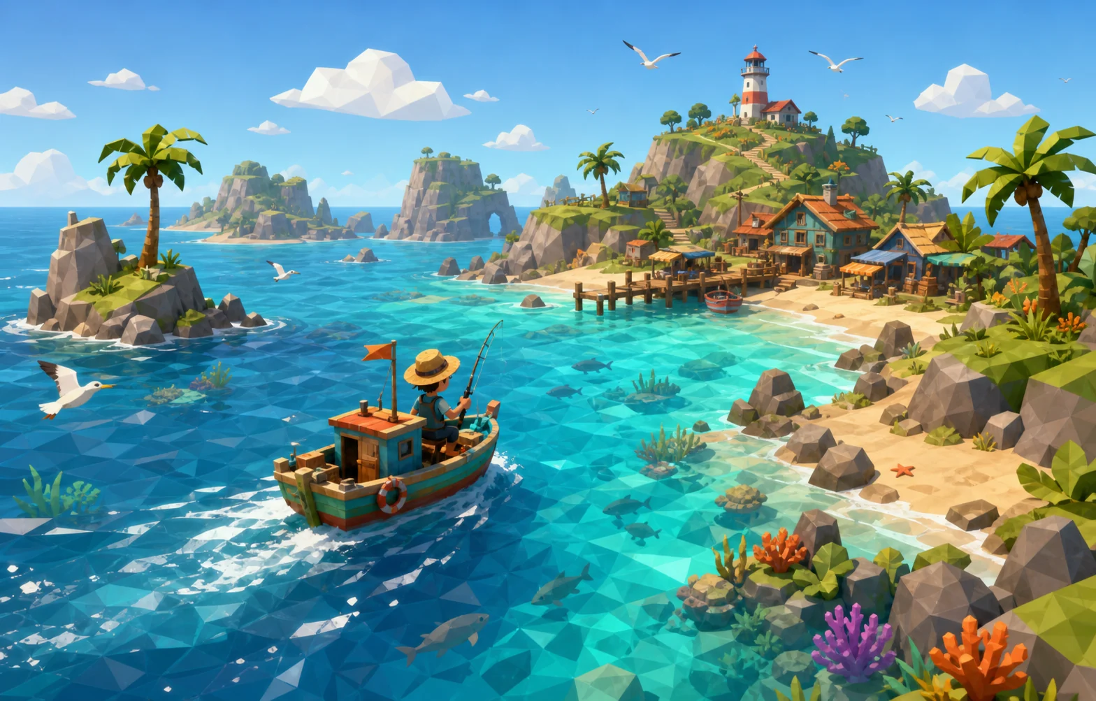 A cartoon low-poly fisher sailing toward a colorful tropical island harbor / 卡通低多边形渔夫驶向多彩热带海岛渔港